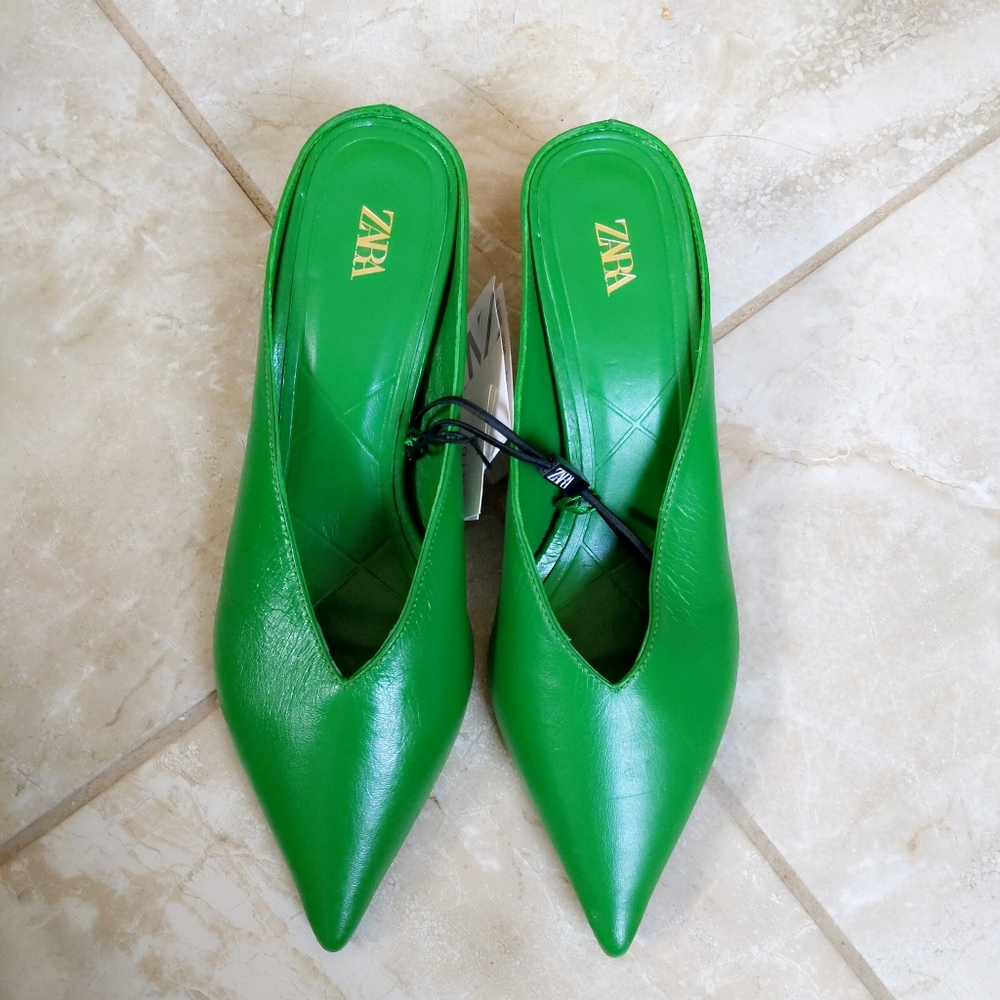 Rare! 🎉HP🎉 Zara Kelly Kermit Green Leather Pointy Toe Mules 38 39 - Picture 7 of 9